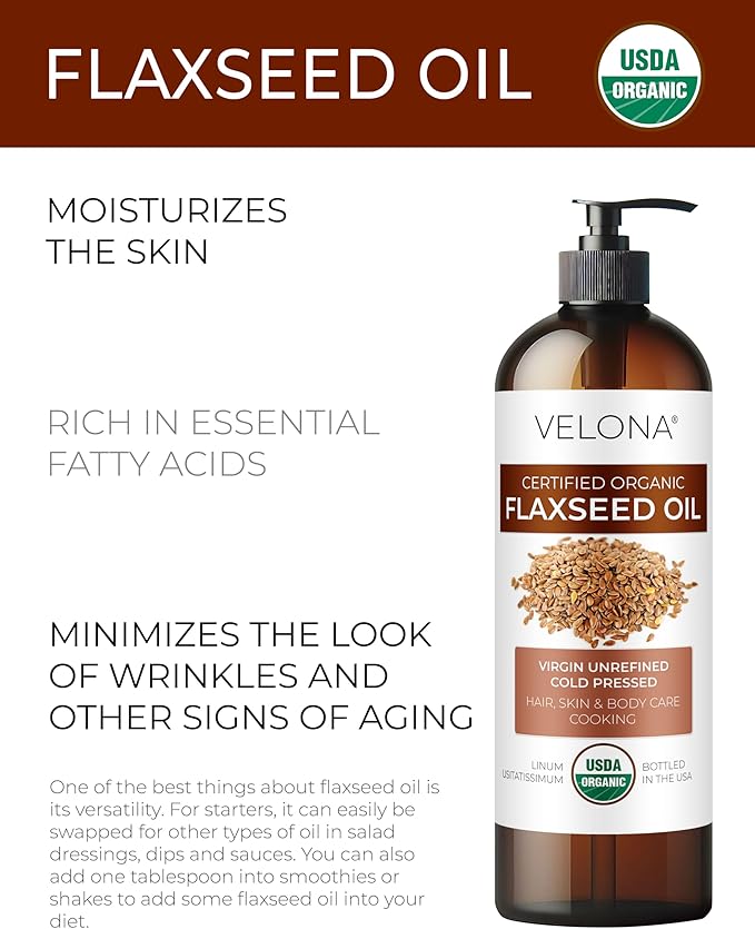 velona USDA Certified Organic Flaxseed Oil - 16 Fl Oz | 100% Pure and Natural Carrier Oil | Unrefined, Cold Pressed |Body, Face & Skin Care | Use Today - Enjoy Results…-GlimoraGlow