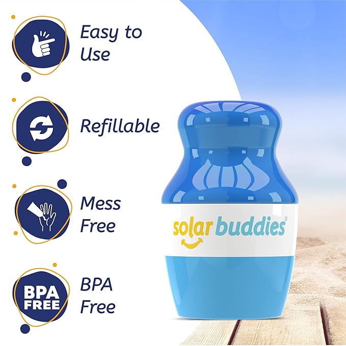 Solar Buddies Sunscreen Applicator - Single Full Blue - Refillable Roll on Sponge Sunscreen, Suncream & Lotion Applicator For Kids, Adults & Families - Holds 3.4fl oz, Perfect Size for Travel-GlimoraGlow