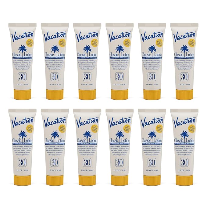 Vacation Mini Classic Sunscreen SPF 30, Water-Resistant, Bulk Suntan Lotion, Bachelorette Party Favors, Beach Must Haves, Traveling Essentials, Travel Size, 1 Fl. Oz. (Value Pack of 12)-GlimoraGlow