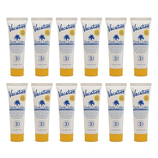 Vacation Mini Classic Sunscreen SPF 30, Water-Resistant, Bulk Suntan Lotion, Bachelorette Party Favors, Beach Must Haves, Traveling Essentials, Travel Size, 1 Fl. Oz. (Value Pack of 12)-GlimoraGlow