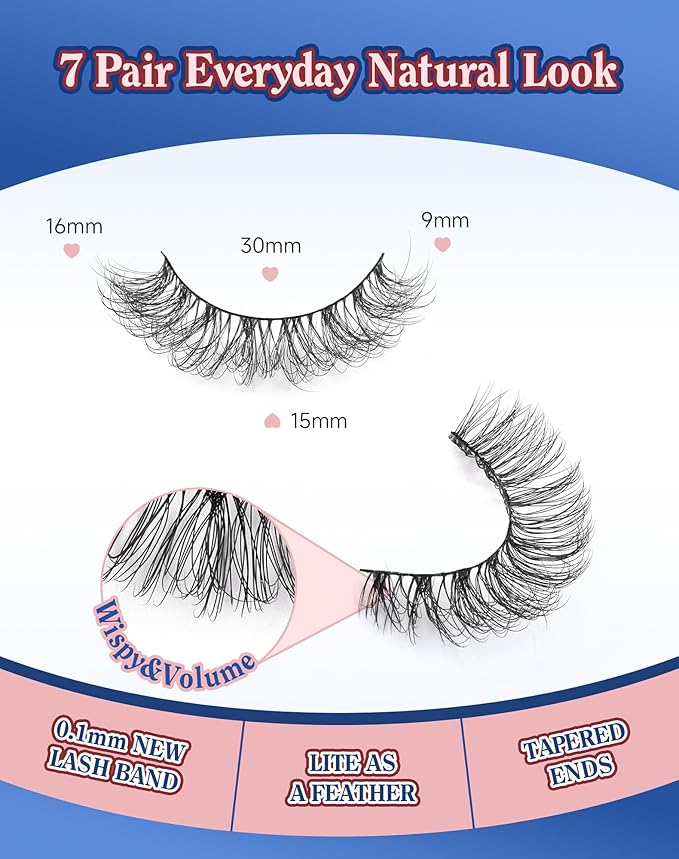 Lashes Wispy Natural Like Russian Eyelashes Everyday Flared Strip Eyelas Doll False Eyelash 7 Pairs F01-GlimoraGlow