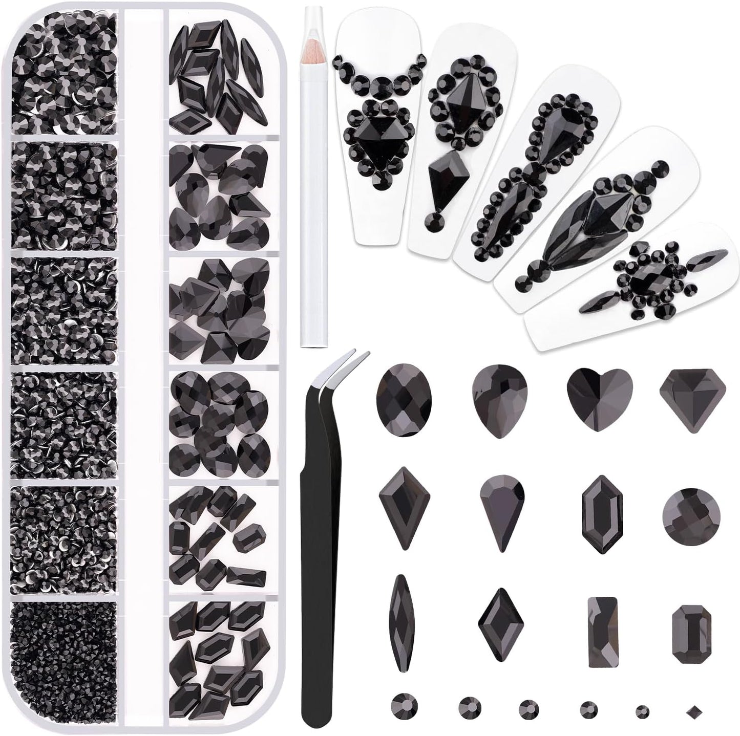 2060Pcs Black Glass Nail Rhinestones 60Pcs Multi Shapes Flatback Nail Gems + 2000Pcs 1.5-4mm Round Crystal, Manicure Nail Charms Diamond Gemstones for Acrylic Nails Decoration-GlimoraGlow