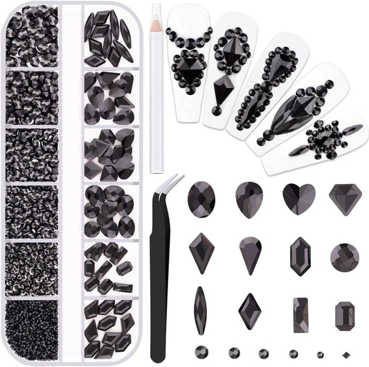 2060Pcs Black Glass Nail Rhinestones 60Pcs Multi Shapes Flatback Nail Gems + 2000Pcs 1.5-4mm Round Crystal, Manicure Nail Charms Diamond Gemstones for Acrylic Nails Decoration-GlimoraGlow