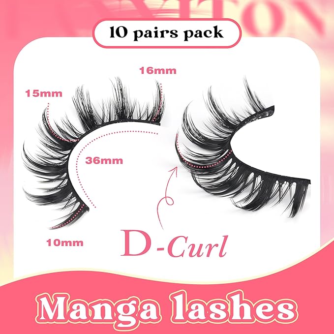 False Eyelashes Manga Lashes 10 Pairs False Eyelashes Japanese Style D Anime Lashes Natural Cosplay Lashes Natural Look 15 MM Wispy Faux Mink Lashes Full Strip Doll Lashes by FANXITON-GlimoraGlow