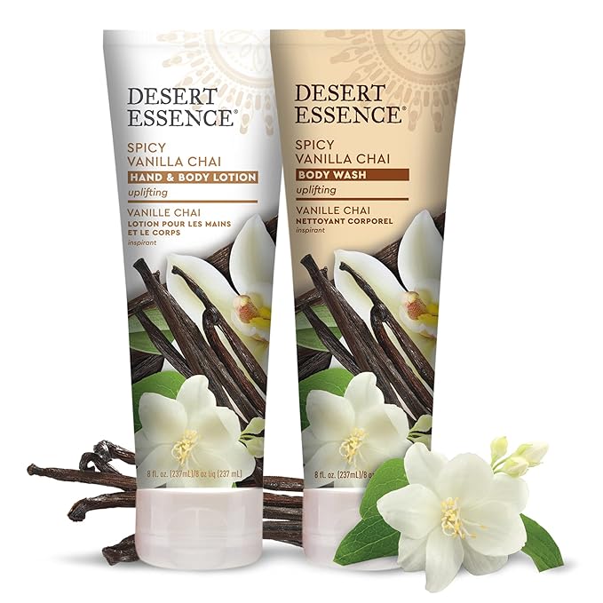 Desert Essence Spicy Vanilla Chai Hand & Body Lotion, Uplifting, Smoothes & Softens Skin, No Greasy Residue, Aloe Vera, Shea Butter, Vitamin E, 8 Fl Oz-GlimoraGlow