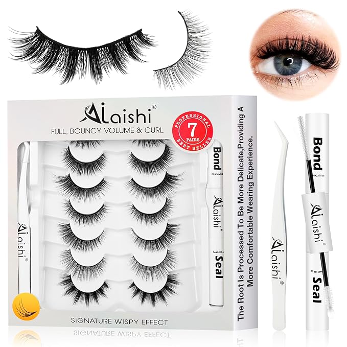 Wispy False Eyelashes Kit With Bond, Seal and Tweezer, 7 Pairs Natural Look Fake Cat Eye Lashes Strips Thin Band Extensions Waterproof Easy Eyelashes for Beginners RQ7Variety Mix-GlimoraGlow
