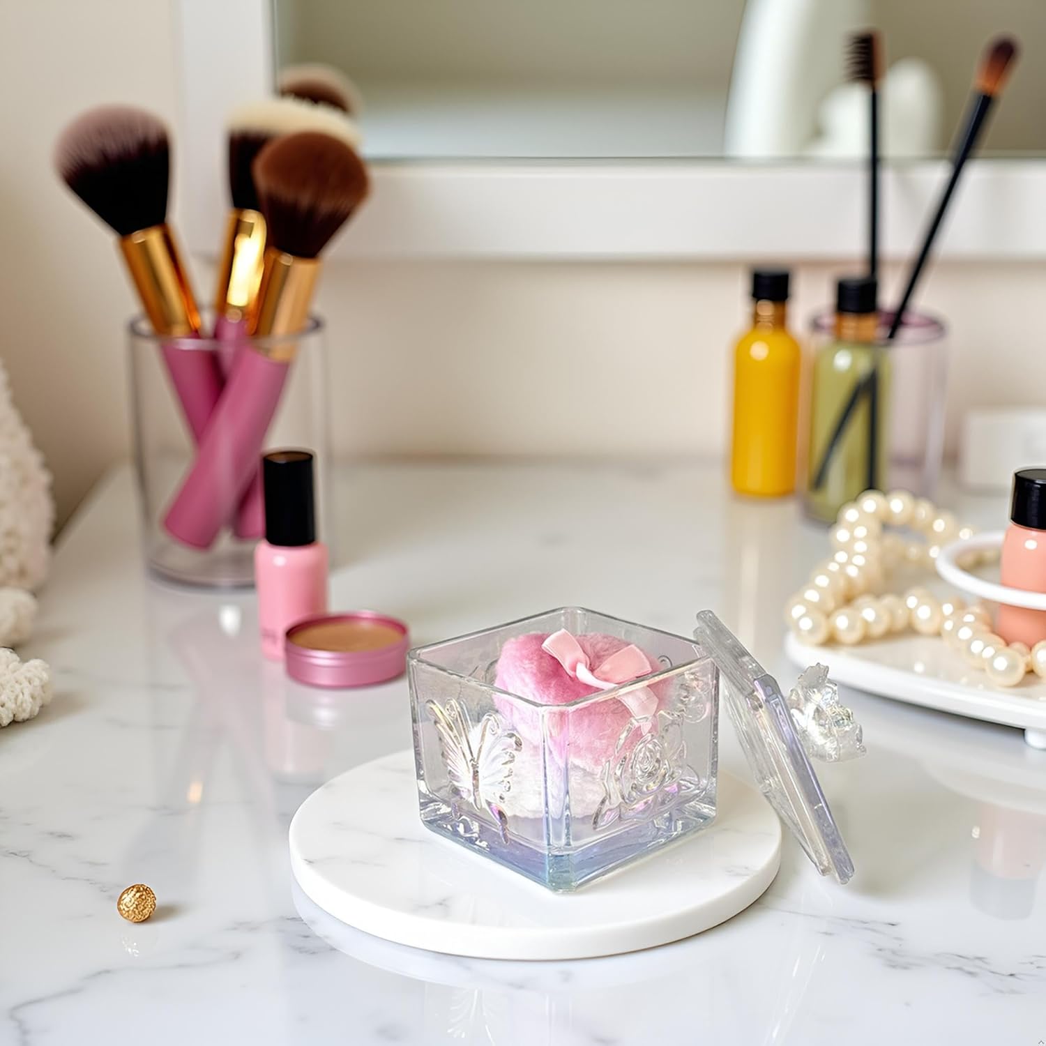 Body Powder Puff and Container - Glass Dusting Powder Container with 2 Soft Puffs – Vintage Powder Puff Case for Women & Girls (3.74x3.74x4.53 H in)- GRB013-Multi-GlimoraGlow