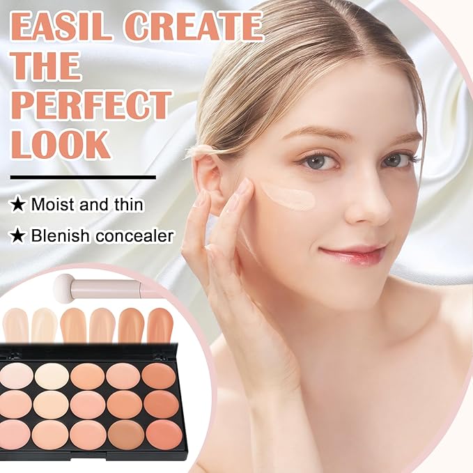 15 Colors Correcting Concealer Contour Palette,Cream Contour Makeup Palette with Brush,Contouring Liquid Foundation Concealer Palette Highlighting Makeup Kit for Conceals Dark Circles,Blemish-GlimoraGlow