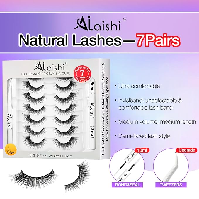 Wispy False Eyelashes Kit With Bond, Seal and Tweezer, 7 Pairs Natural Look Fake Cat Eye Lashes Strips Thin Band Extensions Waterproof Easy Eyelashes for Beginners RQ10-GlimoraGlow