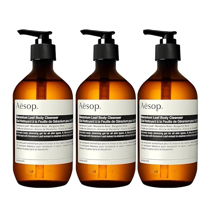 Aesop Geranium Leaf Body Cleanser | Non-drying Gentle Cleanser | Geranium Leaf, Mandarin Rind, Bergamot Rind | 16.9 oz / 500mL (Pack of 3)-GlimoraGlow