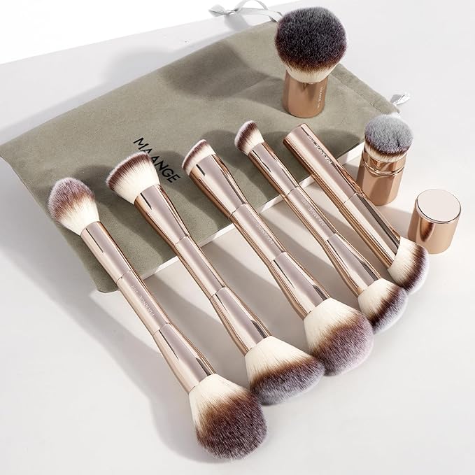 MAANGE 7pcs Makeup Brush Set Double Sided Kabuki Makeup Brushes Contour Brush for Foundation Liquid Powder Concealer Cream Cosmetics Bronzer Blending Blush Buffing Makeup Tools (Gold)-GlimoraGlow