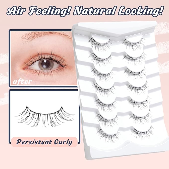 Lashes Short Eyelashes 10MM Natural Lashes Wispy Thin Band Strip Lashes Short Eyelashes Natural Look 3D Volume Lashes 7 Pair Fake Lashes Siligli-GlimoraGlow