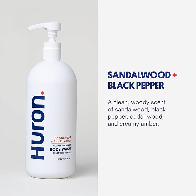 Huron Men’s Moisturizing Body Wash - Clean & Woody Scent of Sandalwood, Black Pepper, Cedarwood, & Amber - Made With Coconut Oil, Vitamin E & Witch Hazel - Vegan, Cruelty-Free - 32 fl oz-GlimoraGlow