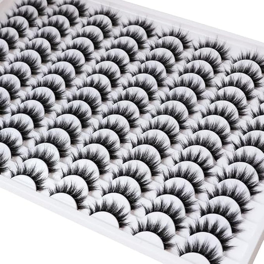 False Eyelashes 48 Pairs Faux Mink Lashes 14mm Wispy Lashes 3D Fluffy Cat Eye Lashes Pack Bulk Wholesale Strip Lashes(style 48-035)-GlimoraGlow