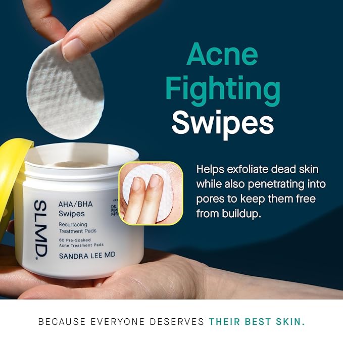 SLMD by Dr. Pimple Popper - AHA BHA Toner Pads Swipes, Salicylic Acid, Glycolic Acid & Lactic Acid - Daily Resurfacing Pads for Face & Body - Facial Exfoliating Pads Resurface, Treat, and Prevent Acne-GlimoraGlow