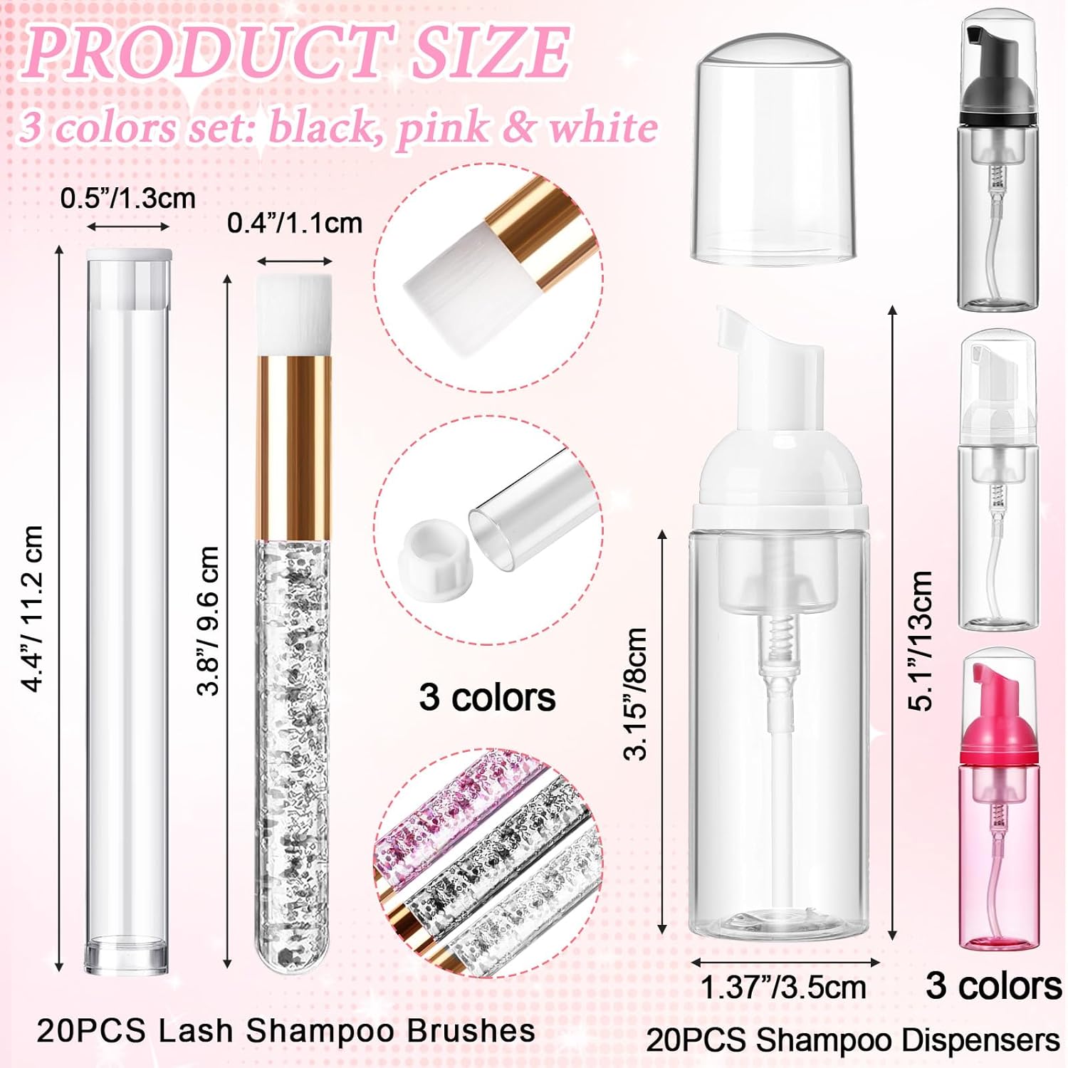 Zhehao 80 Pcs Lash Shampoo Bottle Brushes Kit 20 Foam Pump Dispensers 20 Lash Shampoo Brushes 20 Eyelash Aftercare Bag 20 Cleaning Pipes, Eyelash Extension Supplies(Colorful)-GlimoraGlow