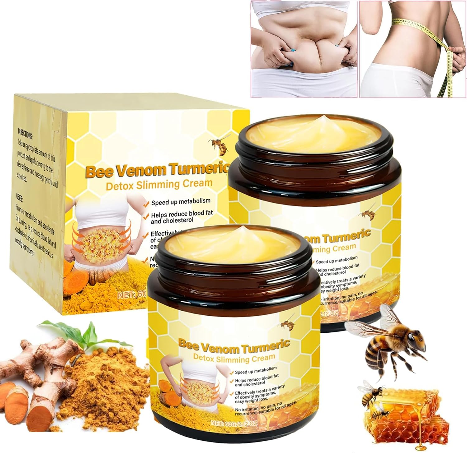 Bee Venom Comprehensive Cream,Turmeric Detox Slimming,Bee Venom Skin Treatment Cream,Body Massage Cream,Natural Skin Moisturizer for All Skin Types(2pcs)-GlimoraGlow