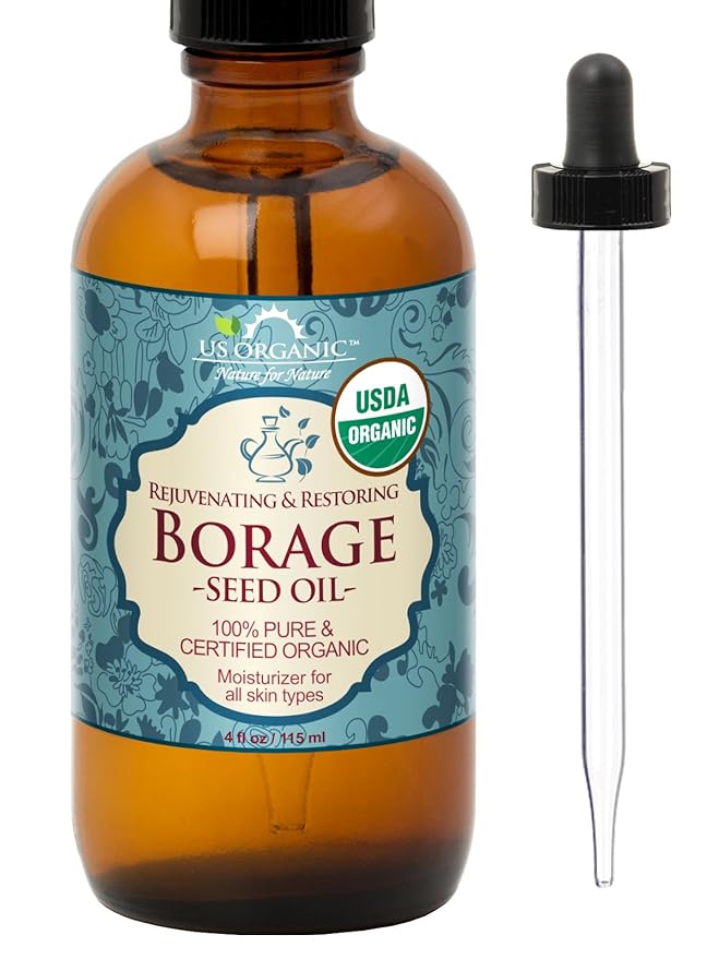 US Organic Borage seed Oil (18% GLA), USDA Certified Organic, 100% Pure & Natural, Cold Pressed, aka Starflower oil, in Amber Glass Bottle w/Eye dropper for Easy Application (4 oz (115 ml))-GlimoraGlow