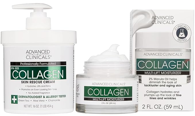 Advanced Clinicals Collagen Cream W/Hyaluronic Acid Face Moisturizer + Collagen Body Cream 2pc Skincare Set For Women & Men To Reduce Appearance Of Wrinkles, Fine Lines, & Uneven Skin Tone, 2pc Set-GlimoraGlow