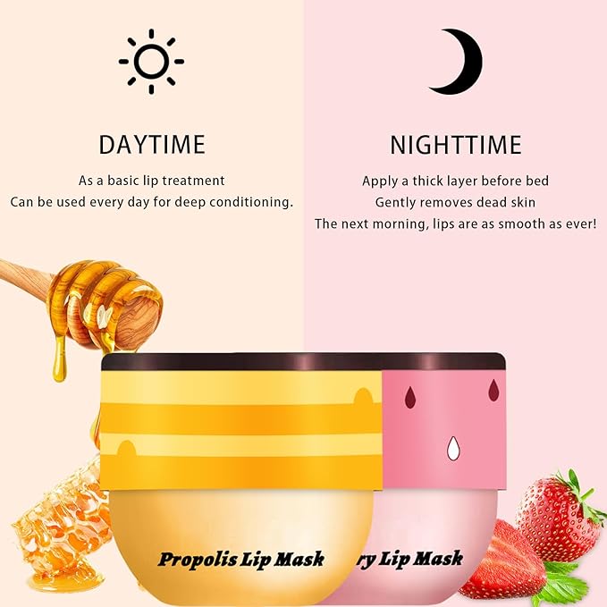 2 PCS Bee Lip Balm Honey Pot, Honey & Strawberry Lip Mask Overnight Propolis Moisturizing Lip Balm Hydrating Prevention Dry and Crack Lip Scrubs Exfoliator Lip Wrinkle Care (Honey&Strawberry)-GlimoraGlow