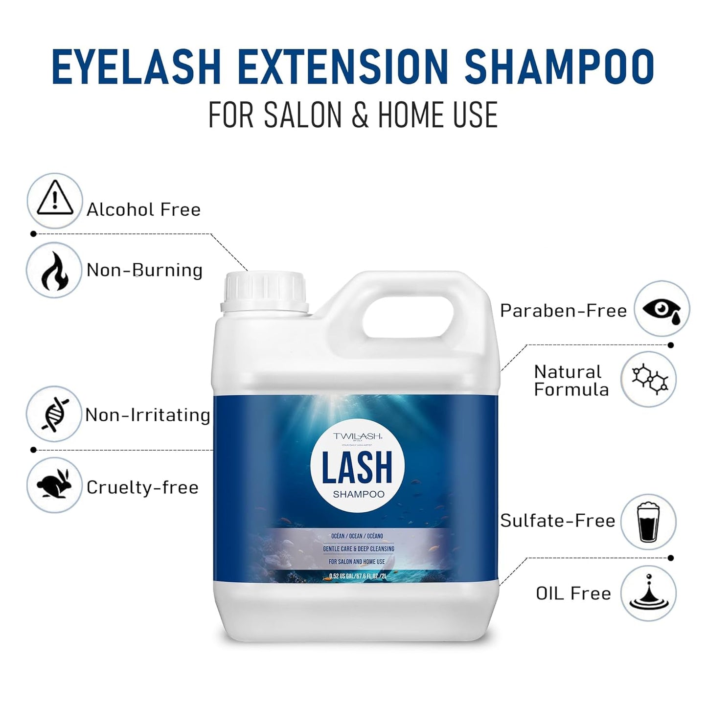 Lash Shampoo Bulk, Eyelash Cleanser for Extensions 2 Liters, Safe Makeup Remover, Non-irritating or Burning Eyelid Foaming Cleanser for Professional Salon and Home Use (Ocean-2L)-GlimoraGlow