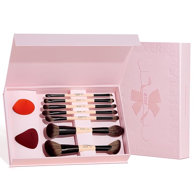 Jessup Makeup Brushes Set with Makeup Sponge, 7pcs Double Sided Makeup Brushes for Foundation Concealer Blush Eyeshadow Contour Bronzer Powder Blending Eyebrow Eyeliner with Gift Box, T506-GlimoraGlow