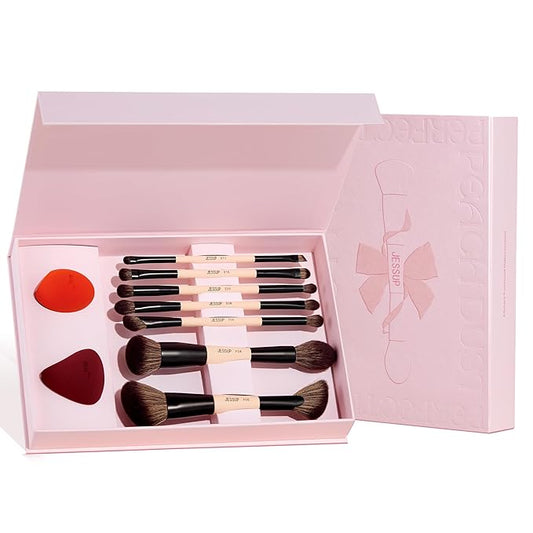 Jessup Makeup Brushes Set with Makeup Sponge, 7pcs Double Sided Makeup Brushes for Foundation Concealer Blush Eyeshadow Contour Bronzer Powder Blending Eyebrow Eyeliner with Gift Box, T506-GlimoraGlow
