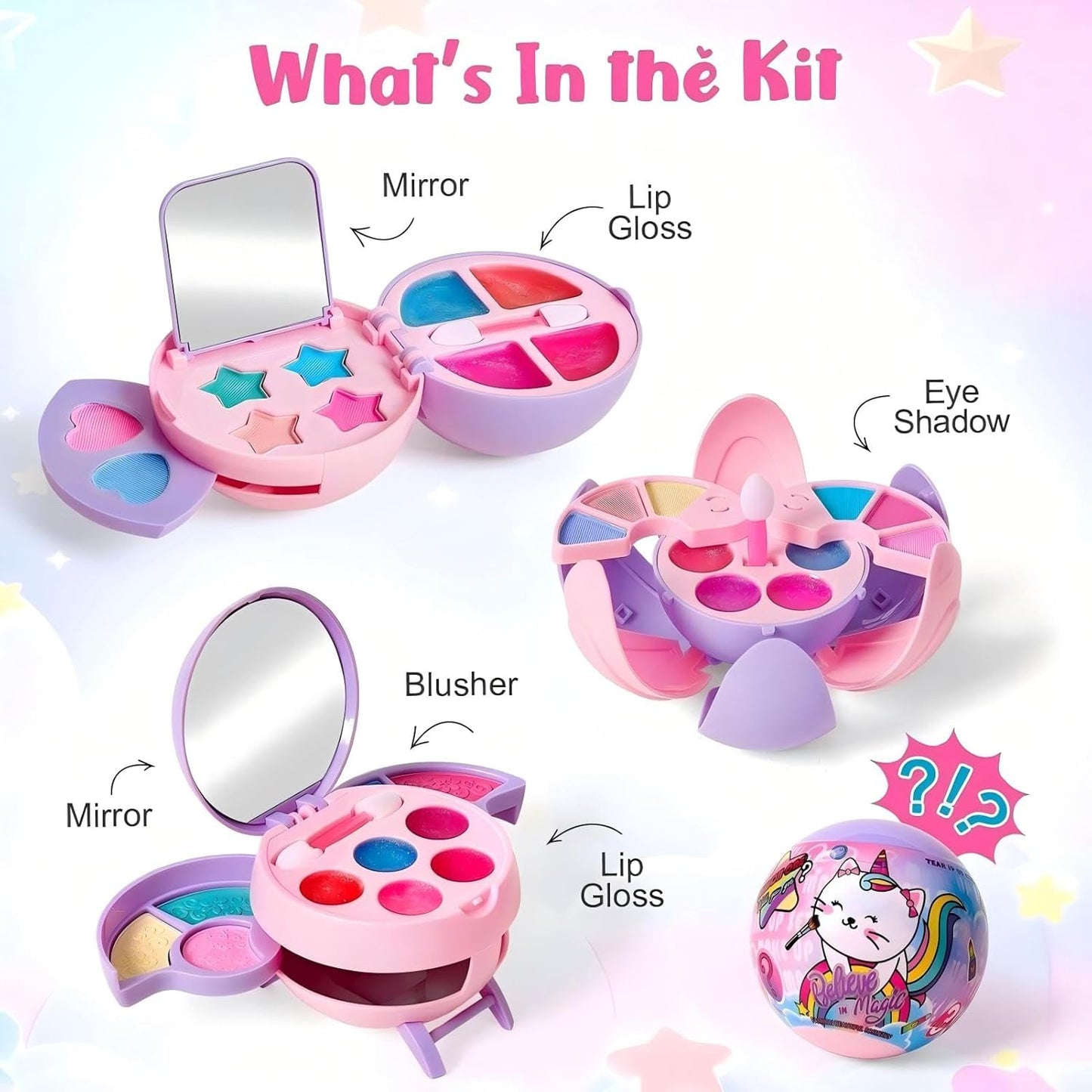 12 Pack Kids Makeup Blind Ball Party Favors - Surprise Cosmetic Blind Balls with Lip Gloss, Eyeshadow & Sponge Blusher (3 Styles, 2 with Mirrors), Party Favors Supplies Gifts for Girls-GlimoraGlow