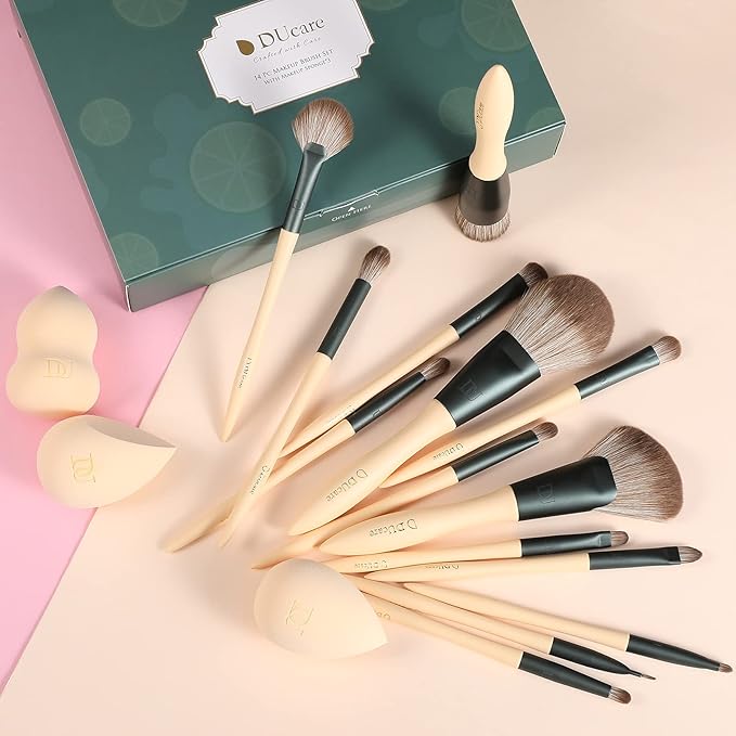 DUcare Makeup Brushes 14Pcs with 3Pcs Makeup Spong & Cosmetic Bag - Lime Mojito Series Makeup Brush Set for Foundation Blending Face Powder Blush Concealers Eye Shadows-GlimoraGlow