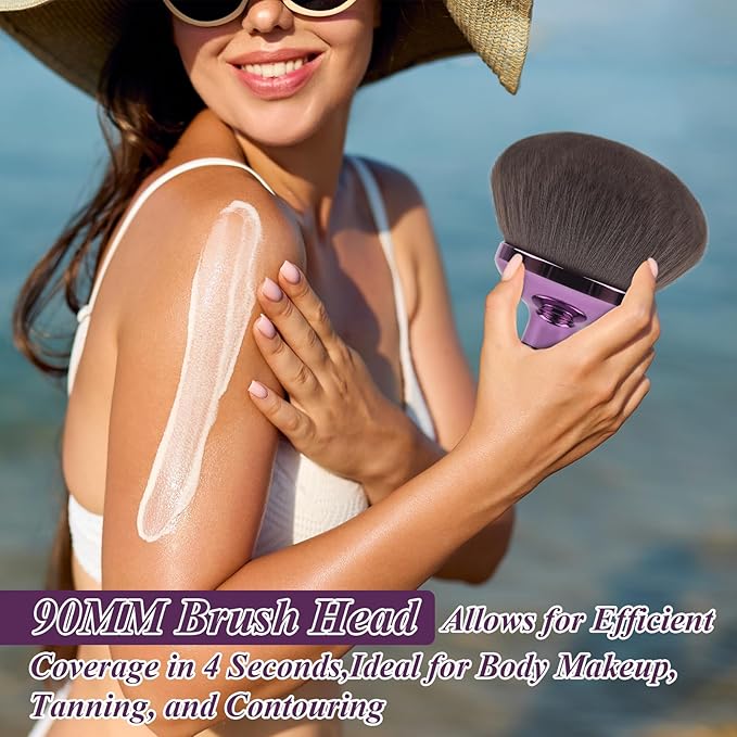 90MM Extra Large Self Tanner Kabuki Makeup Brush – Ultra Soft Dense Vegan Bristles for Body Makeup, Bronzer & Foundation–Applies Tanning Mousse, Lotion & Self Tanner，Wet & Dry (Purple)-GlimoraGlow