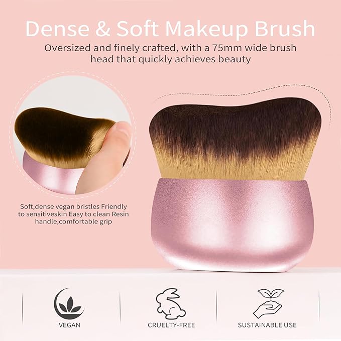 Extra Large Body Makeup Brush For Self Tanner,Leg Makeup &Bronzer Blend,75 mm Wide-headed Kabuki Brush Provides More Even& Pretty Application, Sunscreen Face&Back Makeup Brush,Wet&Dry Use-Matte (Pink)-GlimoraGlow