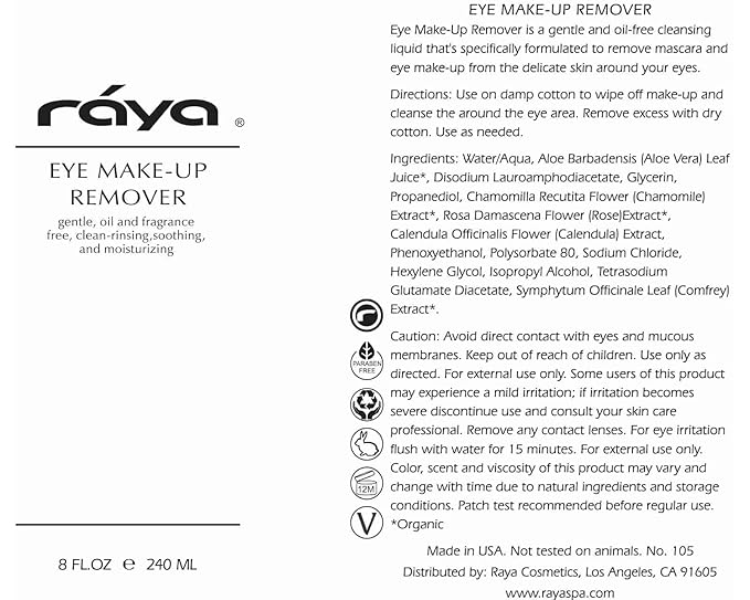 Raya Eye Make-Up Remover 8 oz (105) | Oil-Free, Make-Up Removing Cleansing Fluid | Gently Removes Non-Water-Proof Mascara | Great For Sensitive Skin-GlimoraGlow