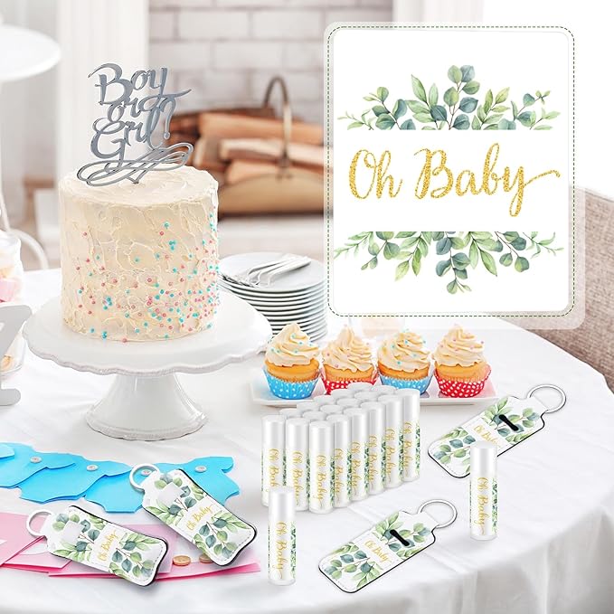 18 Sets Baby Shower Bridal Shower Favors for Guests Bulk Lip Balm and Lipstick Holder Keychains Set Baby Shower Bridal Shower Goodies Bags Thank You Gifts for Guests(Eucalyptus Baby)-GlimoraGlow