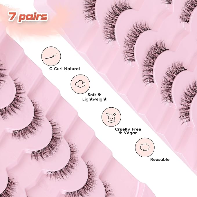Natural Lashes False 11mm Short Eyelashes Wispy C Curl Eye Lashes Pack with Thin Cotton Band Fake Eyelash 3D Volume For Daily Siligli Lash 7 Pair-GlimoraGlow