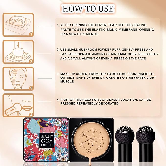 2 Pack Beauty Cream EXO TOO Foundation, Beauty Cream Makeup Base, Moisturizing, Long Lasting Matte Air Cushion CC Cream Concealer with Two Mushroom Head Sponges-GlimoraGlow
