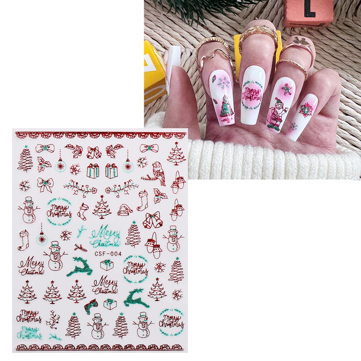 JMEOWIO 9 Sheets Christmas Glitter Nail Art Stickers Decals Self-Adhesive Green Red Snowflake Winter Holiday Nail Supplies Nail Art Design Decoration Accessories-GlimoraGlow