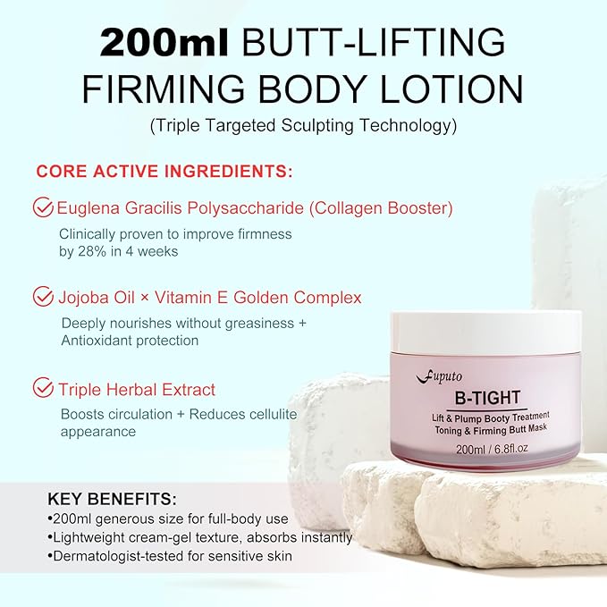 B-TIGHT Body Cream, 200ml Leave-On Booty Enhancing Mask, Firming & Moisturizing Cream, Leave-On Cellulite Mask - Improves Skin Tightness in Buttock Area, Lift sagging skin - 6.76 oz-GlimoraGlow