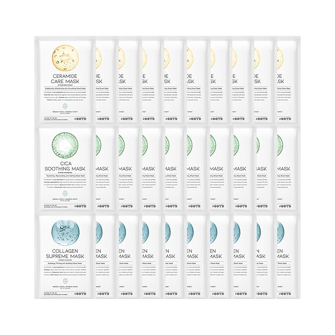 Hydrating Soothing Sheet Masks Gift Set for Skincare, Korean Vegan Sheet Mask for Dry, Sensitive Skin, Calming, Smoothing, Brightening, Collagen, Ceramide, Cica, Hyaluronic Acid 30EA-GlimoraGlow