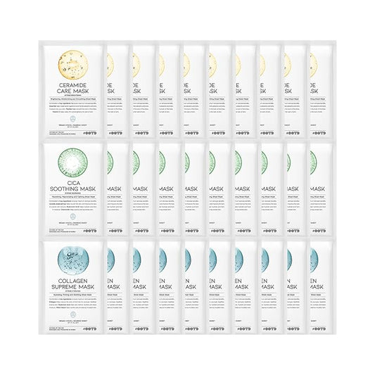 Hydrating Soothing Sheet Masks Gift Set for Skincare, Korean Vegan Sheet Mask for Dry, Sensitive Skin, Calming, Smoothing, Brightening, Collagen, Ceramide, Cica, Hyaluronic Acid 30EA-GlimoraGlow