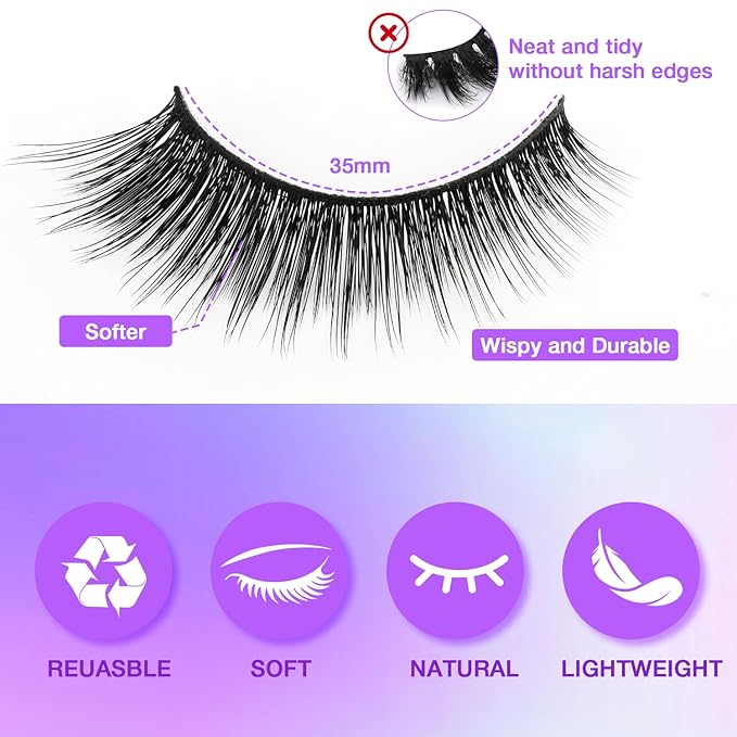 Wispy False Eyelashes Kit With Bond, Seal and Tweezer, 7 Pairs Natural Look Fake Cat Eye Lashes Strips Thin Band Extensions Waterproof Easy Eyelashes for Beginners RQ10-GlimoraGlow