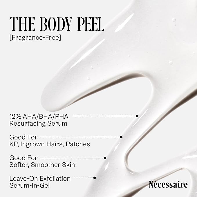Nécessaire The Body Peel. Resurfacing Serum for KP, Ingrowns, Strawberry Skin and Discoloration. 10% AHA, 1% BHA, 1% PHA, Peeling Peptide. Dermatologist-Tested. Hypoallergenic. Non-Comedogenic. 150ml-GlimoraGlow