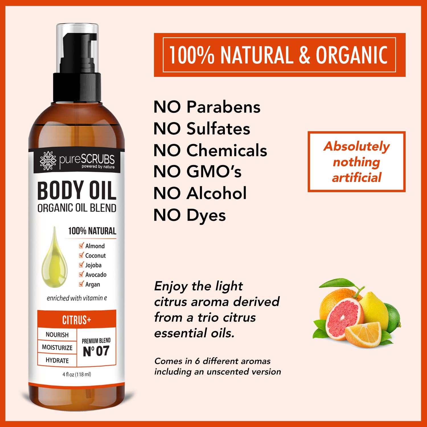 pureSCRUBS Ultra Moisturizing Citrus+ Body Oil Spray for Dry Skin, Massage, Cuticles & More Organic Super Blend of Jojoba, Argan, Coconut, Sweet Almond & Avocado Oils Enriched with Vitamin E, Lg 4oz-GlimoraGlow
