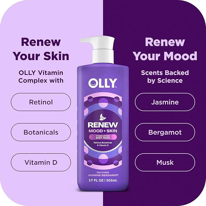 OLLY Renew Body Wash with Vitamin D, Retinol & Botanicals – Nourishing Cleanser for Skin Barrier Repair, Deep Hydration, Jasmine Bergamot Scent, 17oz-GlimoraGlow