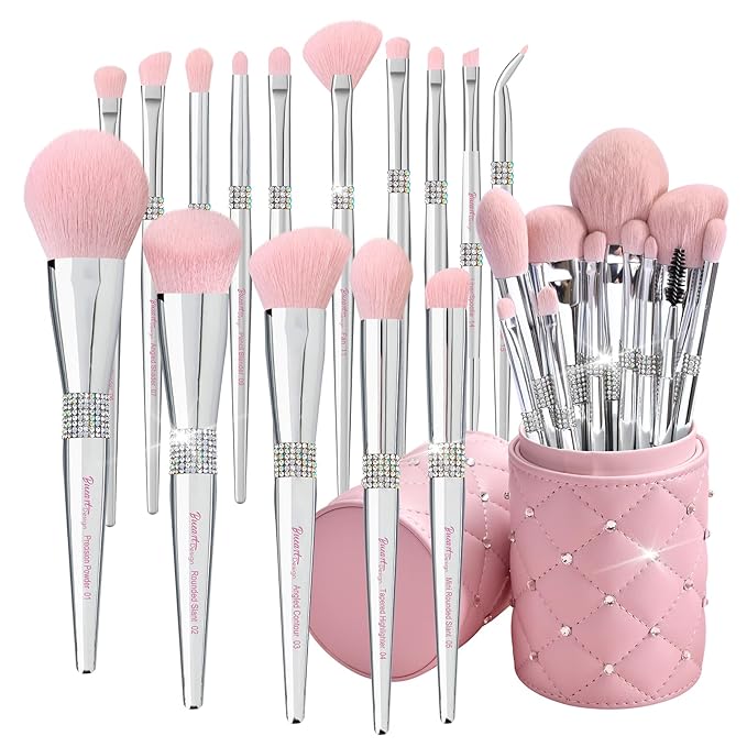 Bueart Design Elegant pink Ultra soft labeled Makeup Brushes Sets with Brush Holder makeup brush set with Foundation Powder blush blending contour Brush (15Pcs Silver Pink+Holder)-GlimoraGlow