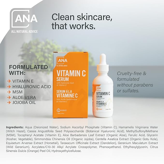 All Natural Advice Vitamin C Serum 60mL | 20% Vitamin C Face Serum Solution with Organic Botanicals, Hyaluronic Acid & Vitamin E | UV-Shielding Glass Bottle, Spray & Dropper | Canadian Skin Care-GlimoraGlow