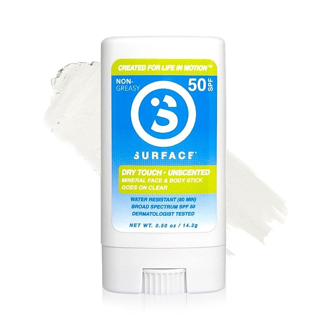Surface Mineral Face Sunscreen Stick, Dry Touch SPF 50, Broad Spectrum UVA UVB Sun Protection for Kids and Adults, Travel Friendly, Water Resistant for 80 Minutes, Fragrance Free, 0.5oz-GlimoraGlow
