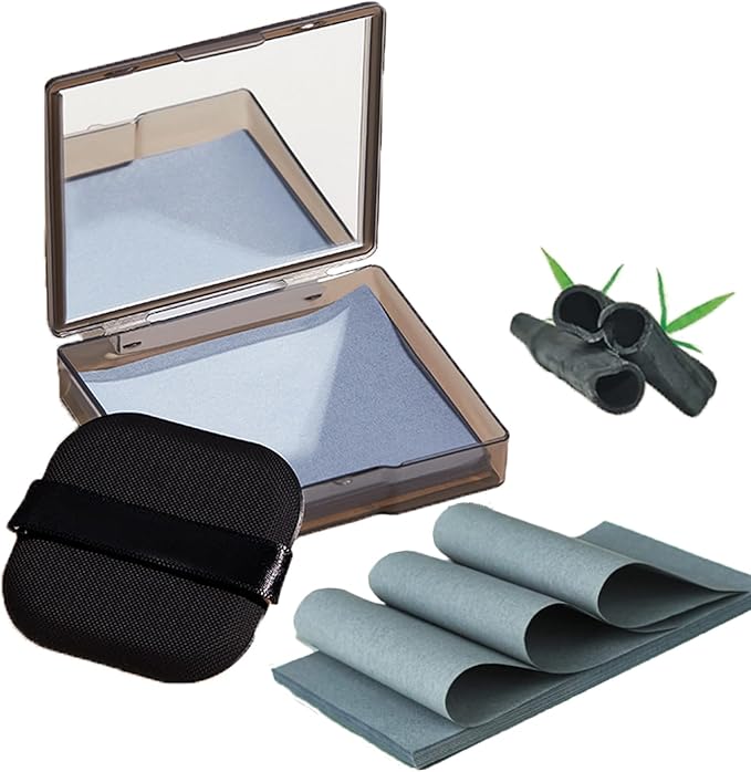 Natural Bamboo Charcoal Facial Oil Blotting Paper,100pcs Oil Blotting Sheets with Portable Mirror & Makeup Puff for Oily Face Skin,Oil Control Film Easy Take Out Handy Friendly Oil Absorbing Tissues-GlimoraGlow