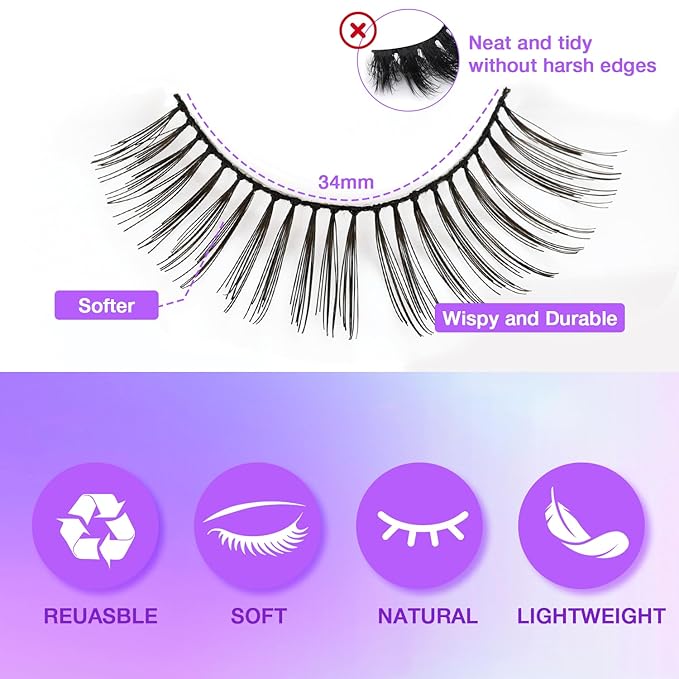 Wispy False Eyelashes Kit With Bond, Seal and Tweezer, 7 Pairs Natural Look Fake Cat Eye Lashes Strips Thin Band Extensions Waterproof Easy Eyelashes for Beginners DF1-GlimoraGlow