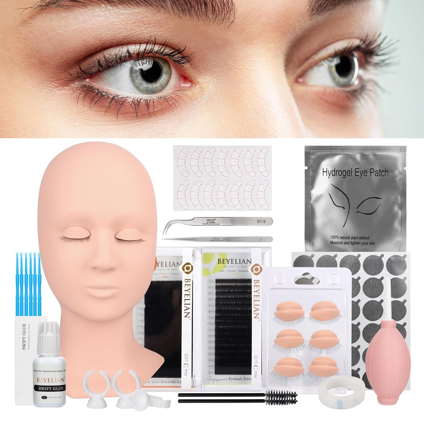 BEYELIAN Eyelash Extension Kit, Lash Extension Kit, Professional Lash Mannequin Head Kit with Removable Eyelids, Lash Kit for Eyelash Extensions Beginners 353 Piece Set-GlimoraGlow