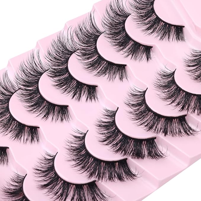 Mink Lashes False Eyelashes Natural Look Wispy Cat Eye Flat Lashes 3D Mink Lashes Natural Fake Lashes 18mm Strip Lashes Pack 7 Pairs-GlimoraGlow